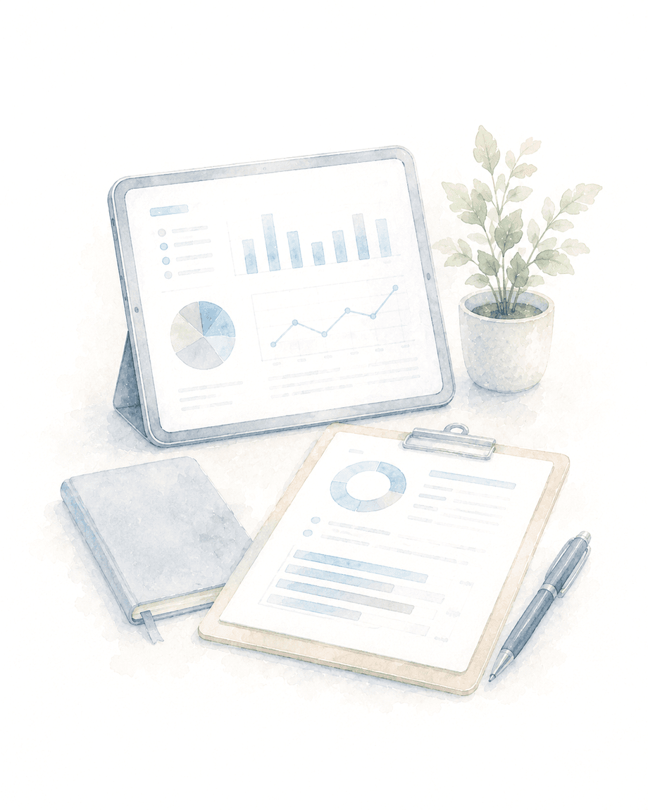 Watercolor analytics dashboard and faculty assessment notes.